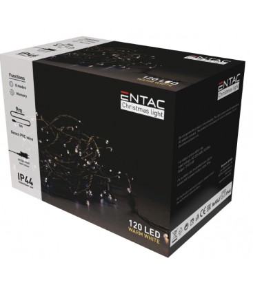 [3515] 9 meter udendørs LED julelyskæde - IP44, 230V, 120LED, varm hvid