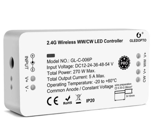 [4637] Gledopto Zigbee controller - Philips Hue kompatibel, Zigbee 3.0, enkeltfarvet og CCT, 12V (60W), 24V (120W)