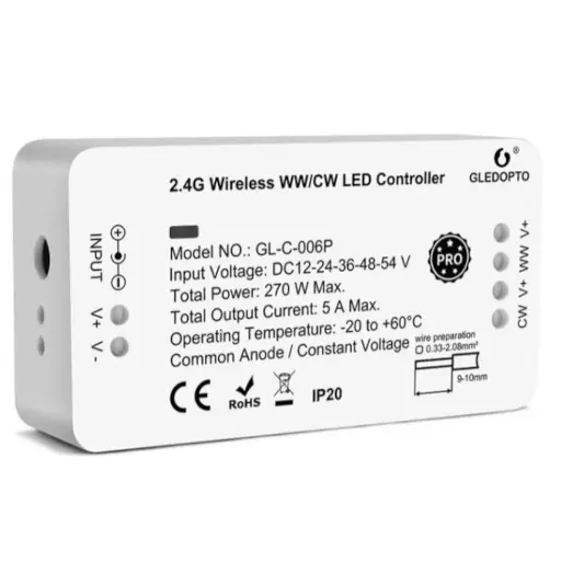 [4637] Gledopto Zigbee controller - Philips Hue kompatibel, Zigbee 3.0, enkeltfarvet og CCT, 12V (60W), 24V (120W)