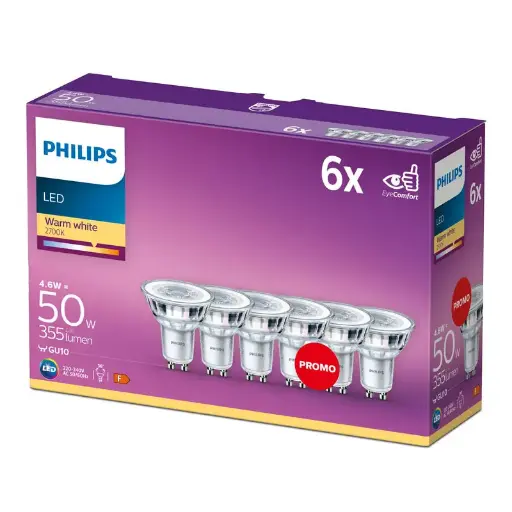 [SIG929001215233] Philips LED 4,6W (50W) GU10 2700K 355lm 6-pak
