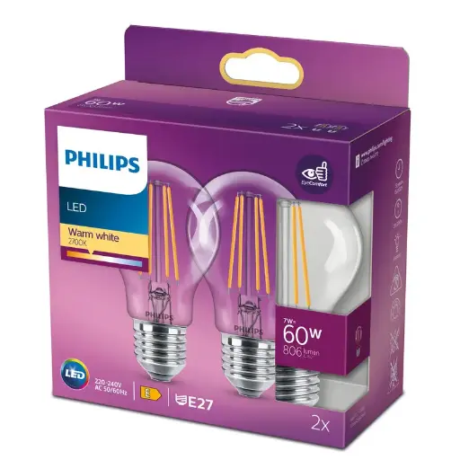 [SIG929001387368] Philips LED 7W (60W) E27 2700K 806lm 2-pak