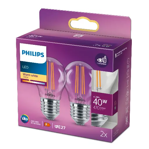 [SIG929001890557] Philips LED 4,3W (40W) E27 2700K 470lm Krone 2-pak