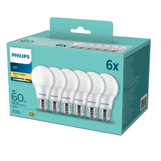 [SIG929002306205] Philips LED 8W (60W) E27 2700K 806lm Mat 6-pak