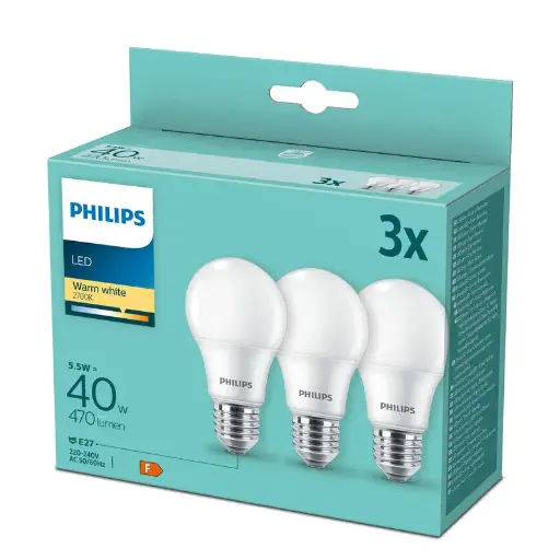 [SIG929003540203] Philips LED 4,9W (40W) E27 2700K 470lm Mat 3-pak